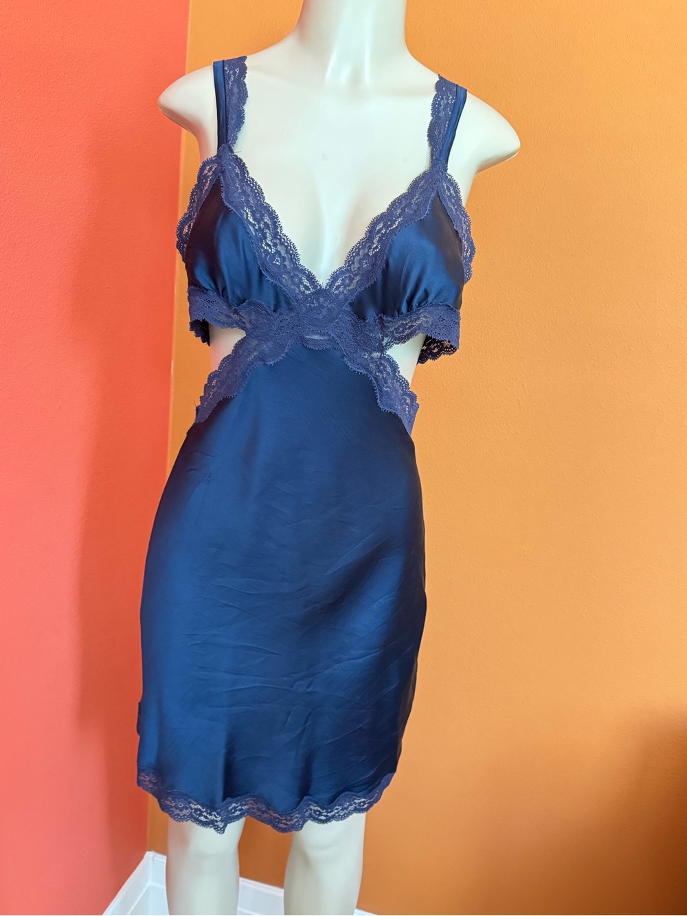 Victoria Beckham Navy Satin Lace-Trim Slip